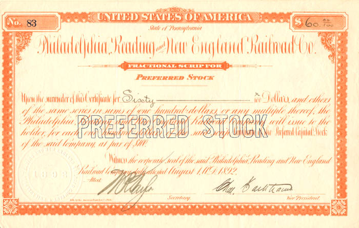 Philadelphia, Reading and New England Railroad Co. - Railway Fractional Preferred Stock Certificate